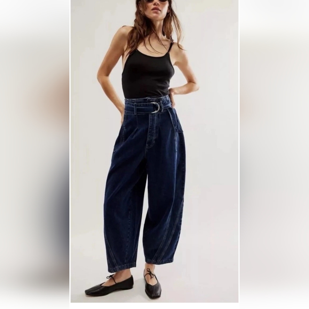 We The Free Amsterdam Belted High Waist Barrel Wide Leg Indigo Jeans, Medium
